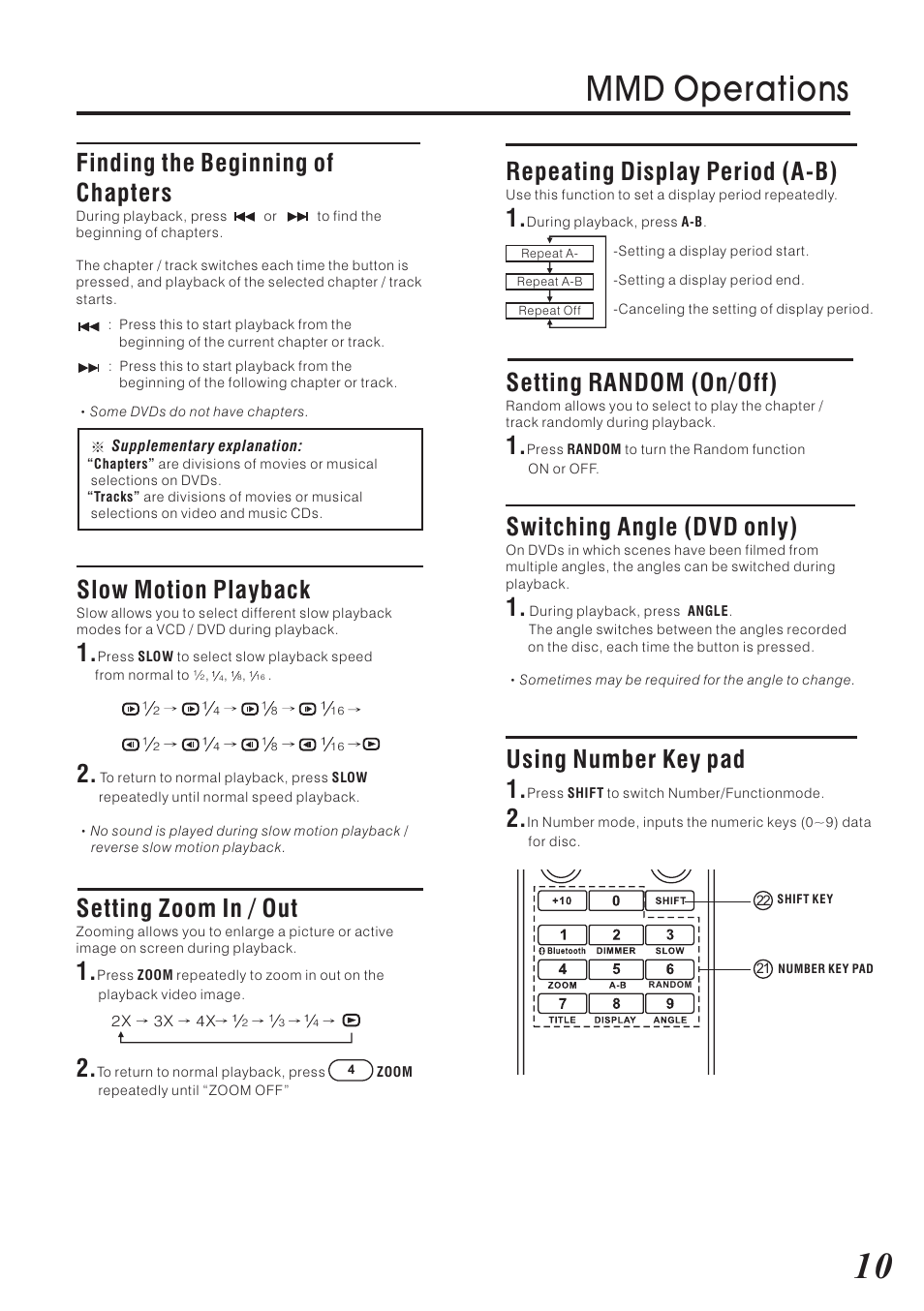 Mmd operations, Finding the beginning of chapters, Setting zoom in / out | Slow motion playback, Repeating display period (a-b), Setting random (on/off), Switching angle (dvd only), Using number key pad 1 | Vizualogic RoadTrip Elite 9 User Manual | Page 11 / 32