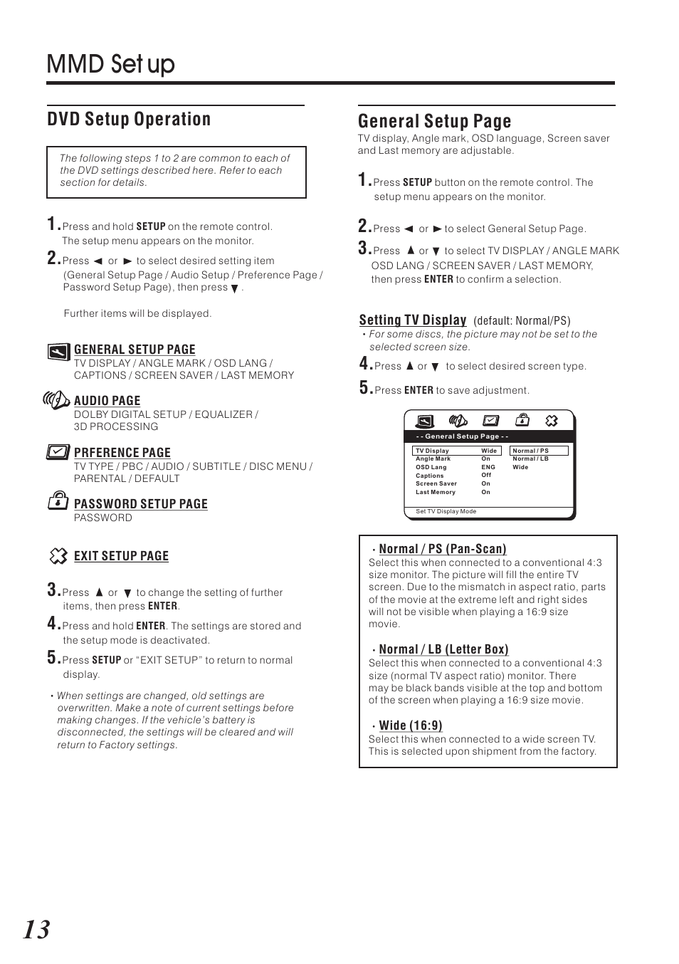 Mmd set up, Dvd setup operation, General setup page | Vizualogic RoadTrip Elite 9 User Manual | Page 14 / 32