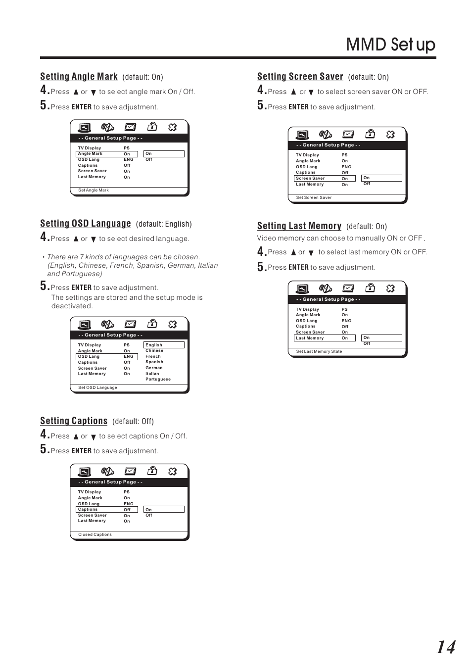 Mmd set up, Setting osd language, Setting angle mark | Setting captions, Setting screen saver | Vizualogic RoadTrip Elite 9 User Manual | Page 15 / 32