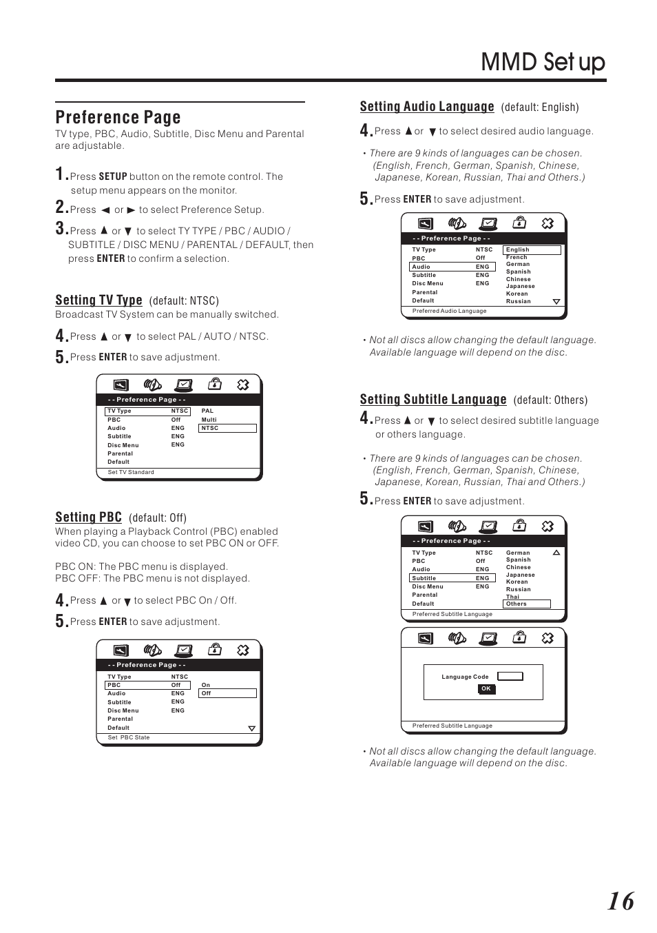 Mmd set up, Preference page, Setting tv type | Setting pbc, Setting subtitle language, Setting audio language | Vizualogic RoadTrip Elite 9 User Manual | Page 17 / 32