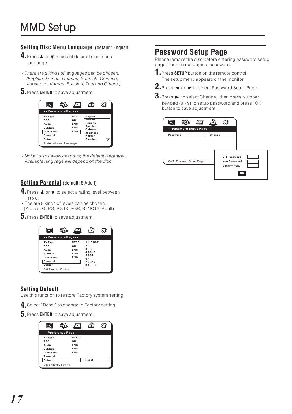 Mmd set up, Password setup page, Setting disc menu language | Setting default, Setting parental | Vizualogic RoadTrip Elite 9 User Manual | Page 18 / 32