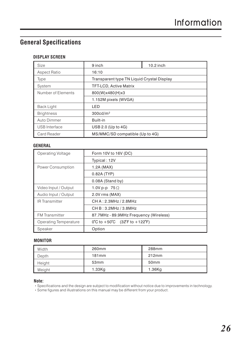 Inf ormation, General specifications | Vizualogic RoadTrip Elite 9 User Manual | Page 27 / 32
