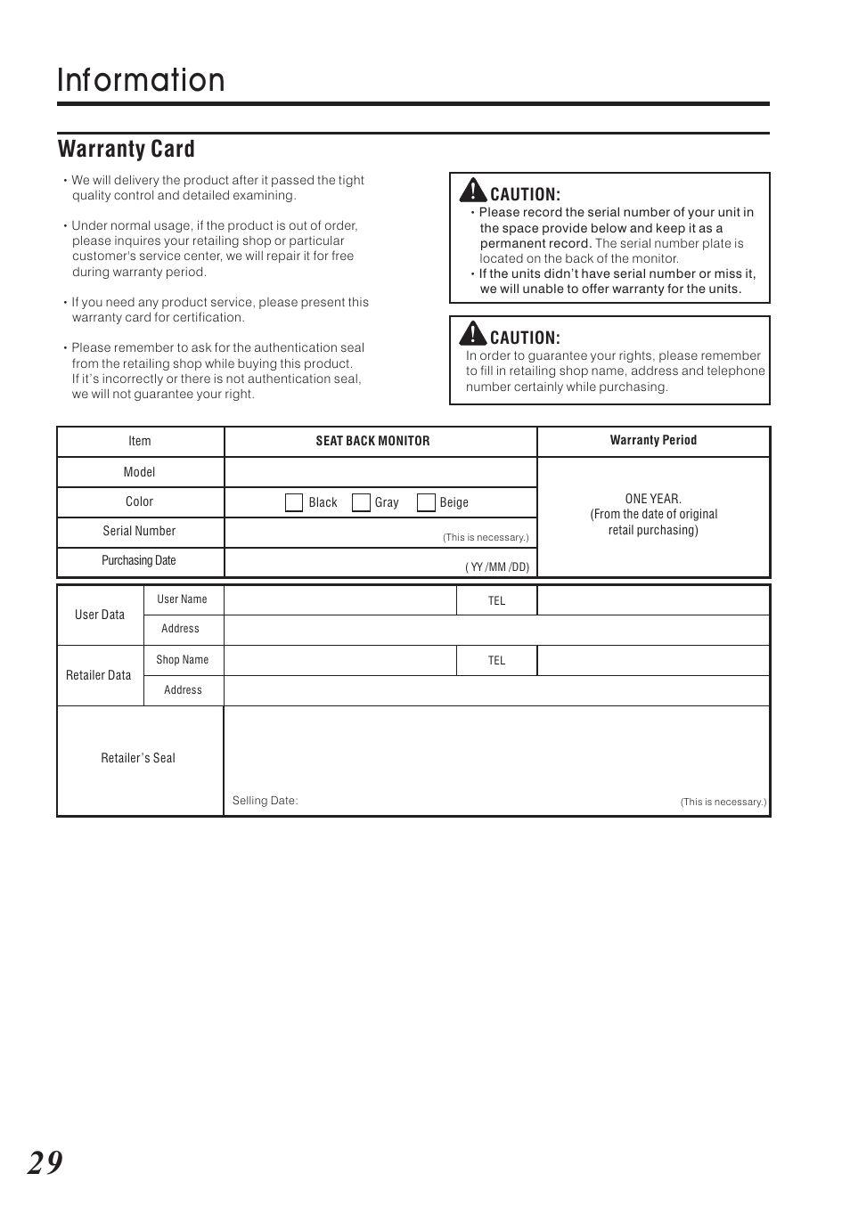 Inf ormation, Warranty card, Caution | Vizualogic RoadTrip Elite 9 User Manual | Page 30 / 32