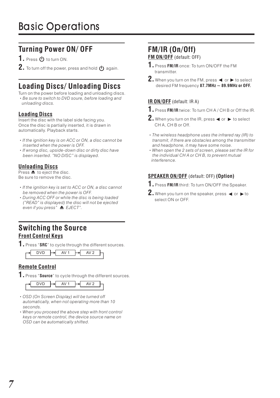 Ba sic operations, Turning power on/ off, Loading discs/ unloading discs | Switching the source, Fm/ir (on/off) | Vizualogic RoadTrip Elite 9 User Manual | Page 8 / 32