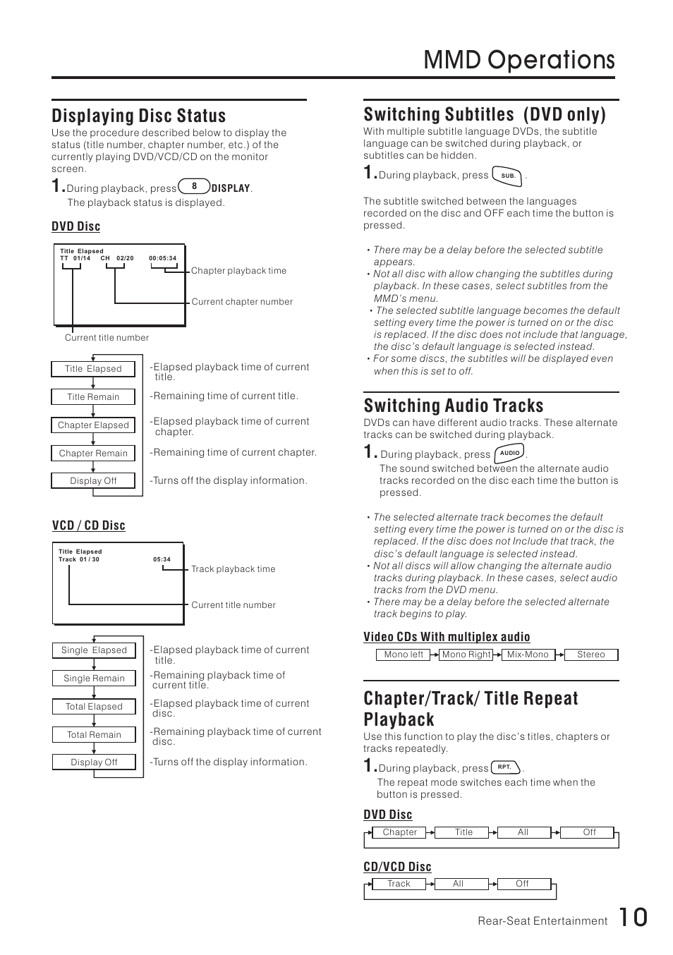 10 mmd operations, Displaying disc status, Switching subtitles (dvd only) | Switching audio tracks, Chapter/track/ title repeat playback | Vizualogic RoadTrip Elite 8 User Manual | Page 11 / 28