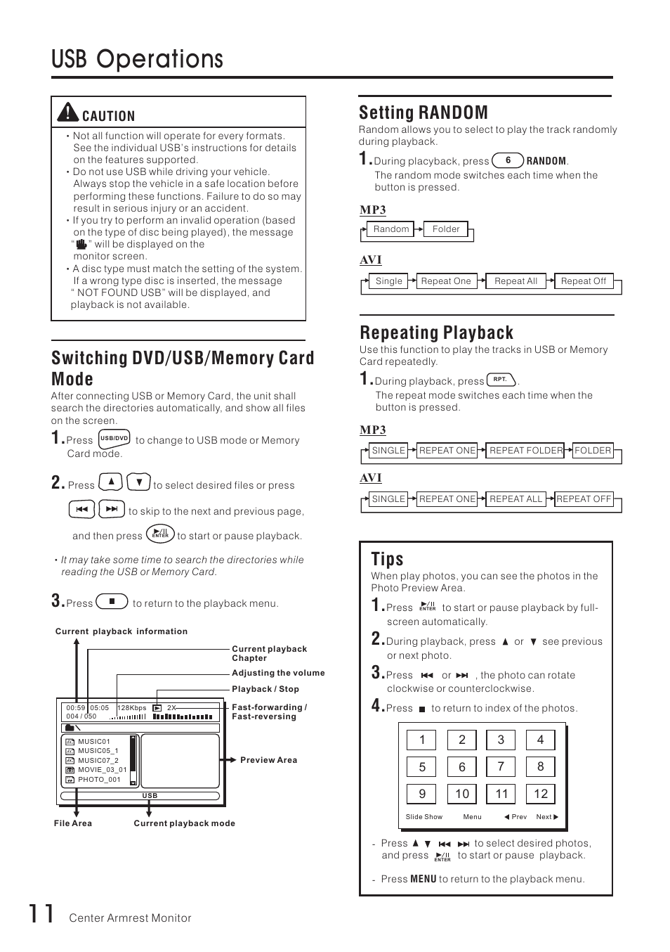 Usb operations, Setting random, Tips | Repeating playback, Caution | Vizualogic RoadTrip Elite 8 User Manual | Page 12 / 28