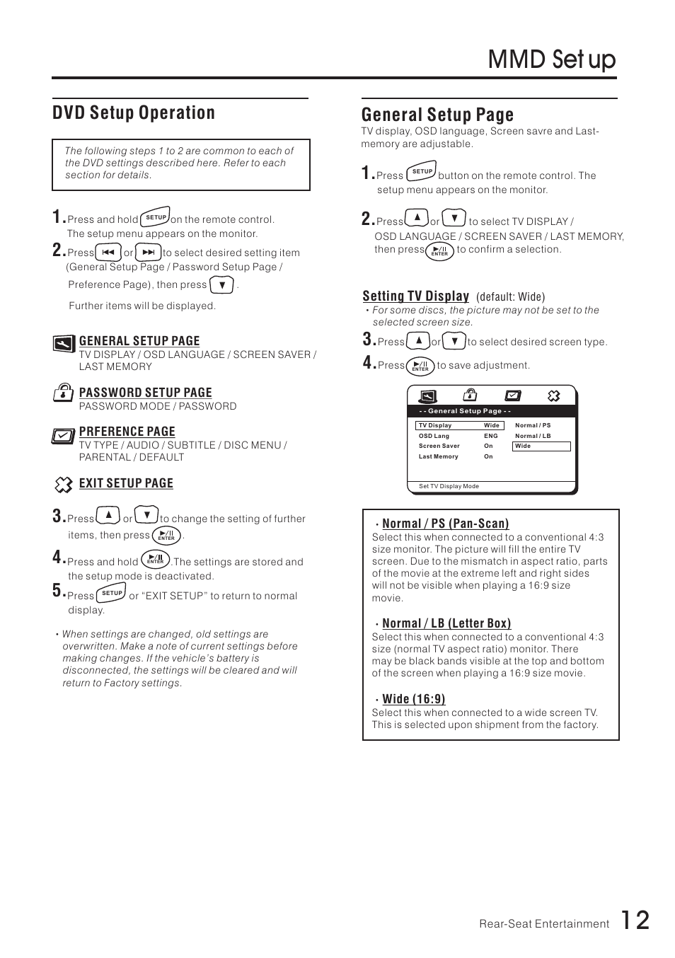 Mmd set up, Dvd setup operation, General setup page | Setting tv display | Vizualogic RoadTrip Elite 8 User Manual | Page 13 / 28