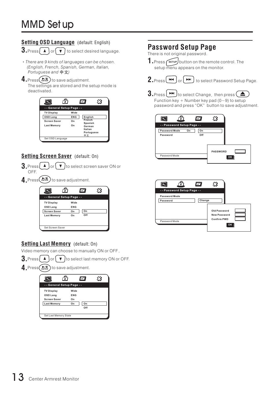 Mmd set up, Password setup page, Setting screen saver | Setting osd language | Vizualogic RoadTrip Elite 8 User Manual | Page 14 / 28