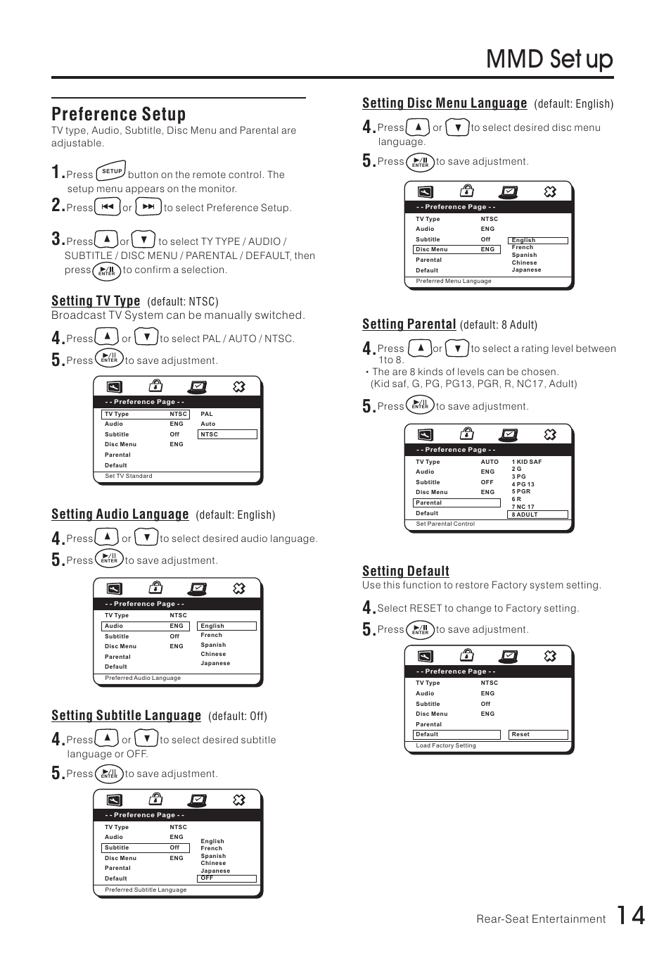 14 mmd set up, Preference setup, Setting disc menu language | Setting parental, Setting default, Setting tv type, Setting audio language, Setting subtitle language | Vizualogic RoadTrip Elite 8 User Manual | Page 15 / 28