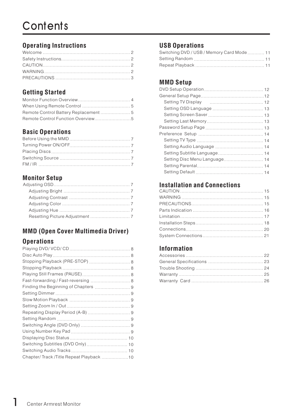 Cont ent s, Operating instructions, Getting started | Basic operations, Mmd (open cover multimedia driver) operations, Monitor setup, Usb operations, Mmd setup, Installation and connections, Information | Vizualogic RoadTrip Elite 8 User Manual | Page 2 / 28