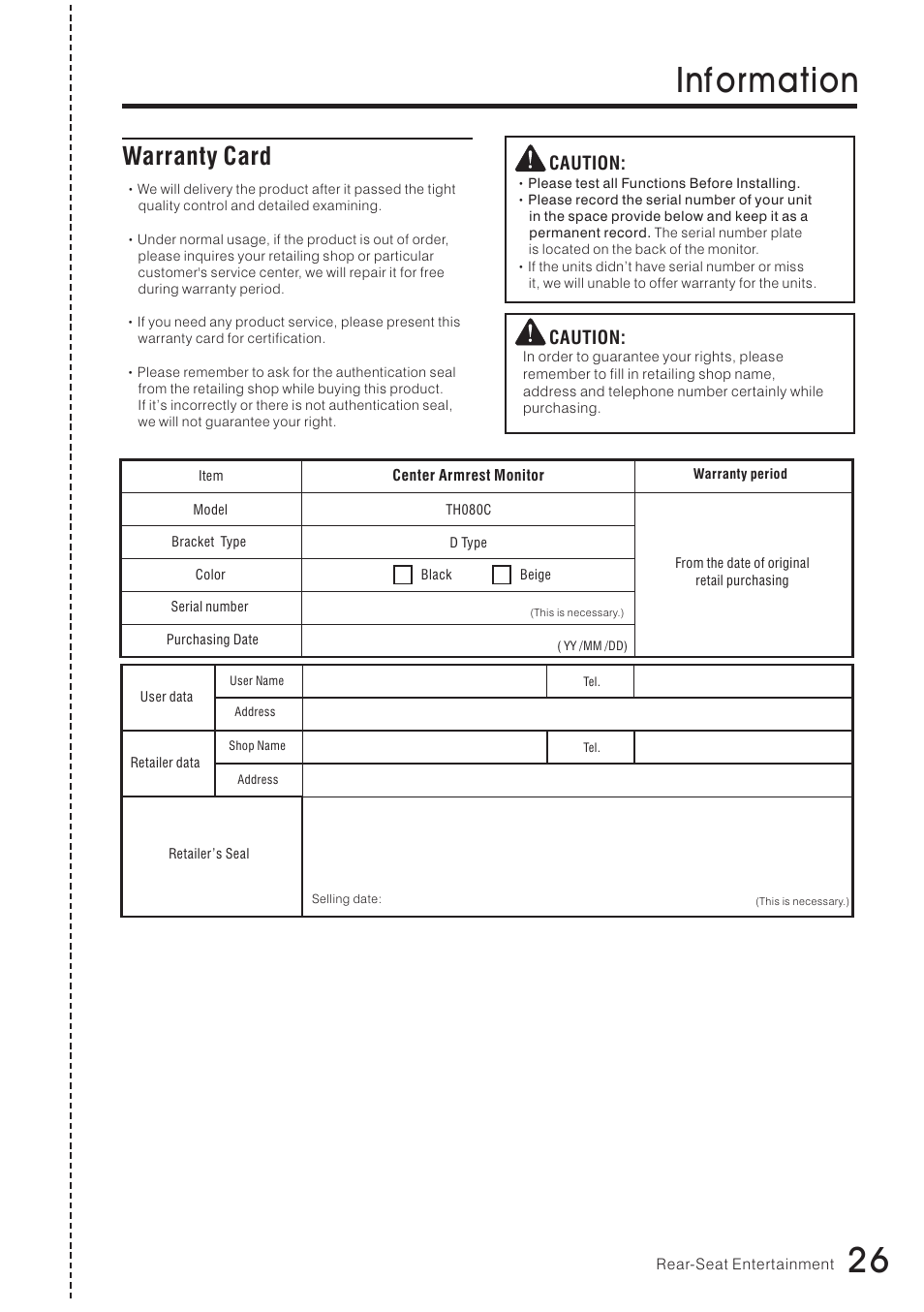 26 inf ormation, Warranty card, Caution | Vizualogic RoadTrip Elite 8 User Manual | Page 27 / 28