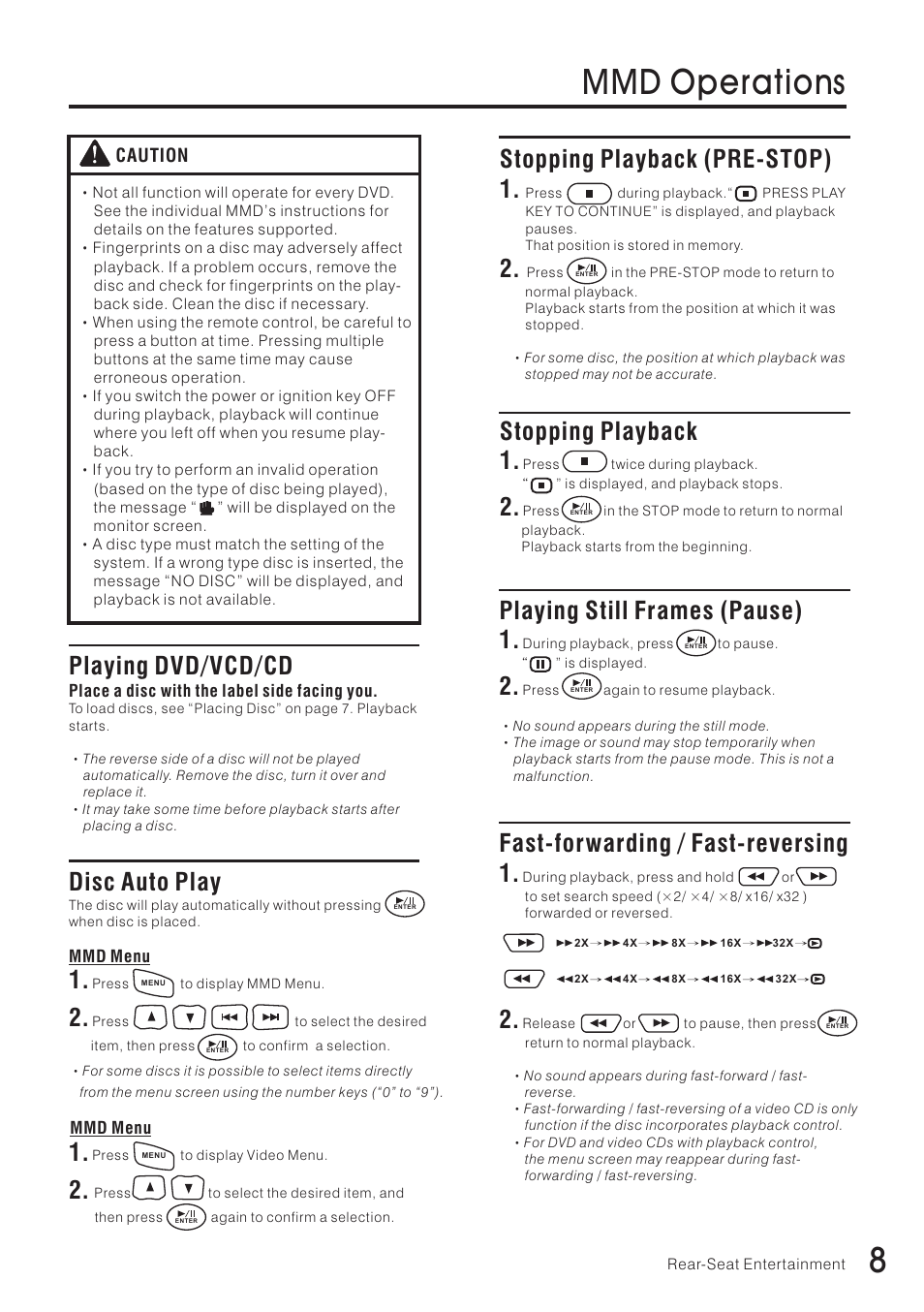 8mmd operations, Stopping playback (pre-stop) 1, Stopping playback 1 | Playing still frames (pause) 1, Fast-forwarding / fast-reversing 1, Playing dvd/vcd/cd, Disc auto play | Vizualogic RoadTrip Elite 8 User Manual | Page 9 / 28