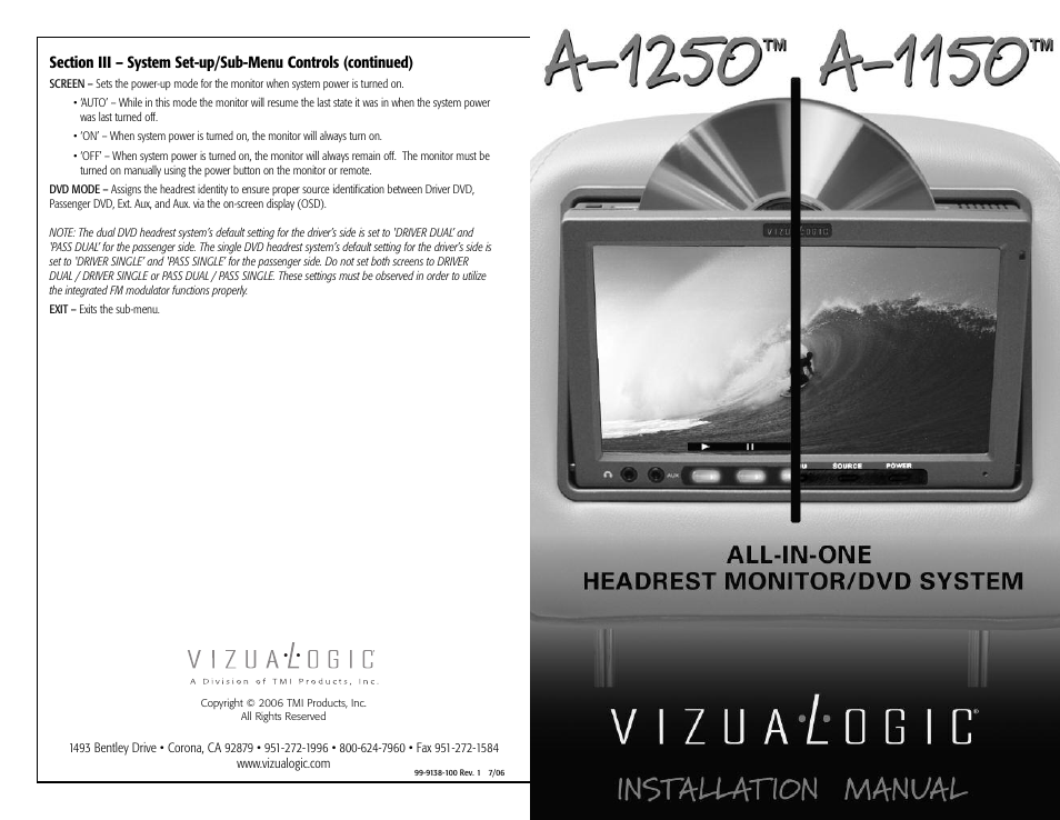 Vizualogic A-1250 Installation Instructions User Manual | 2 pages