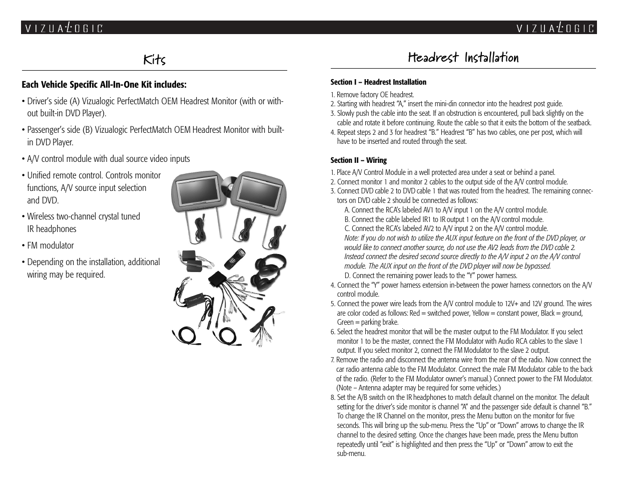 Headrest installation, Kits | Vizualogic A-2000 Installation Instructions User Manual | Page 2 / 2