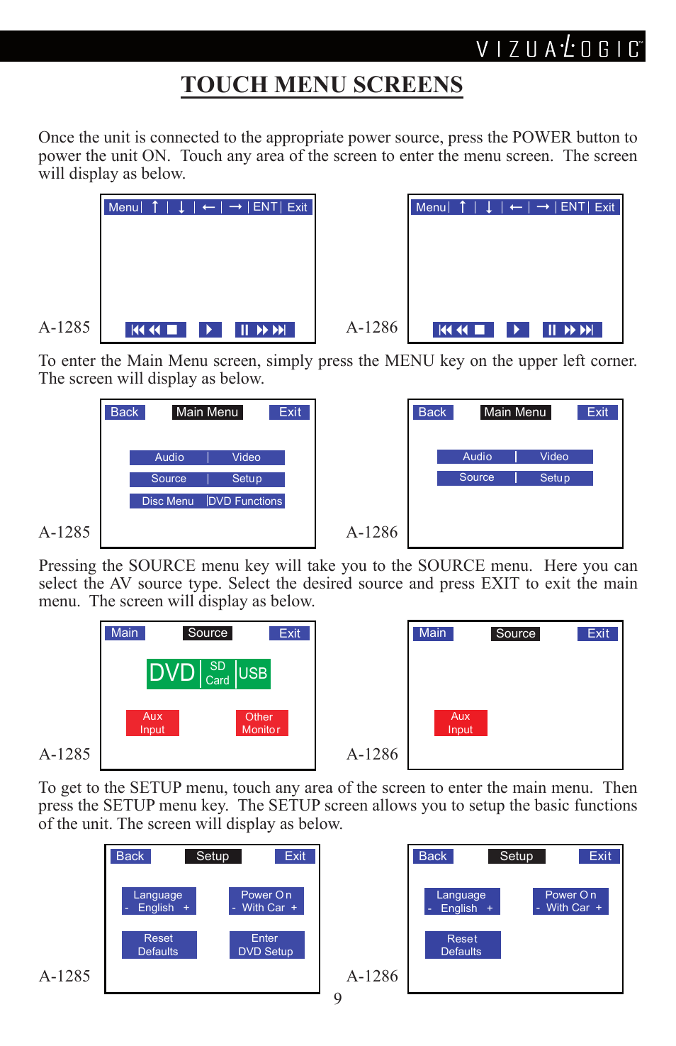 Touch menu screens, A-1285 | Vizualogic A-1285 User Manual | Page 11 / 28