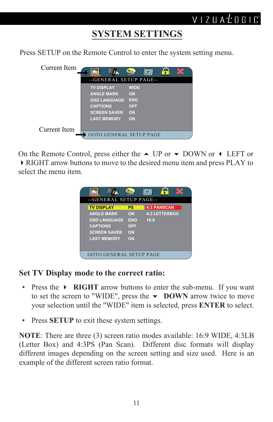 System settings, Set tv display mode to the correct ratio | Vizualogic A-1285 User Manual | Page 13 / 28