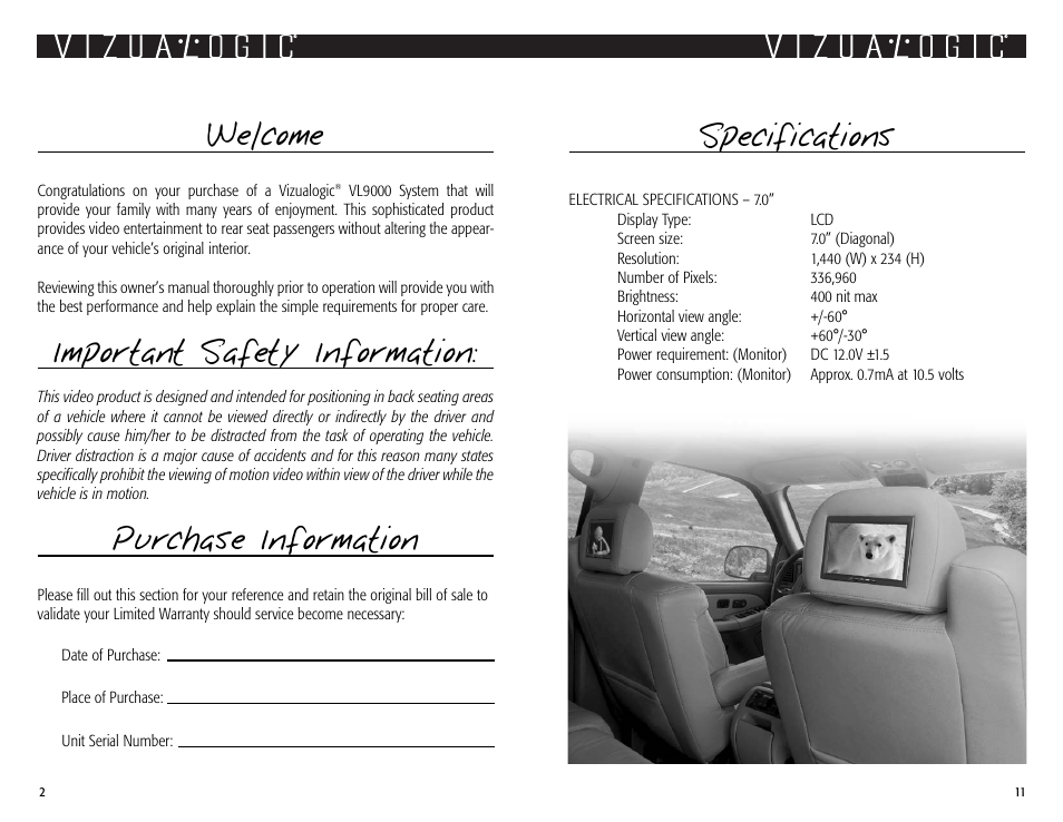 Welcome, Important safety information, Purchase information | Specifications | Vizualogic Advantage Series Owner's Manual User Manual | Page 2 / 6
