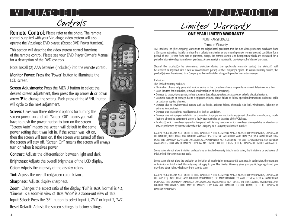 Limited warranty, Controls, Remote control | Vizualogic Advantage Series Owner's Manual User Manual | Page 4 / 6