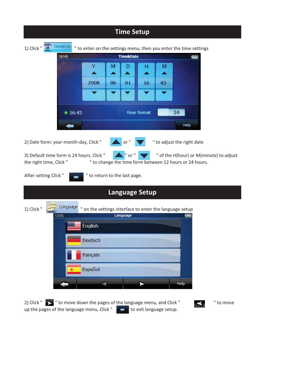 Time setup, Language setup | Vizualogic RoadTrip GPS Mirror User Manual | Page 26 / 29