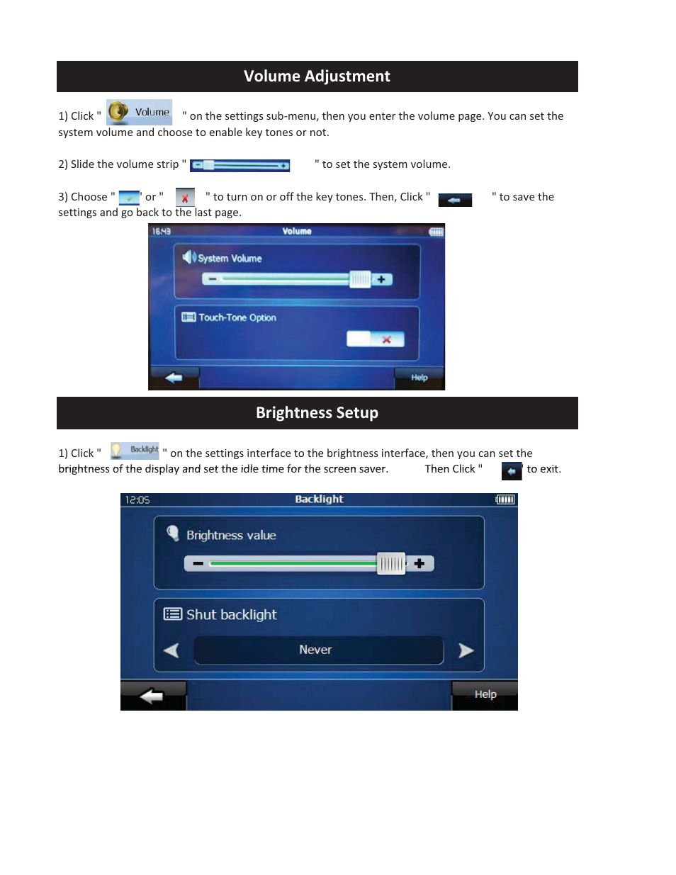 Brightness setup, Volume adjustment | Vizualogic RoadTrip GPS Mirror User Manual | Page 27 / 29