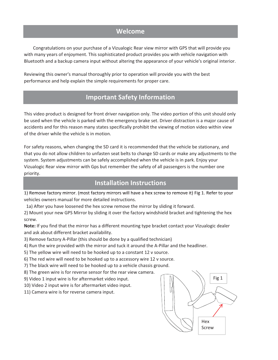 Installation instructions, Welcome, Important safety information | Vizualogic RoadTrip GPS Mirror User Manual | Page 3 / 29