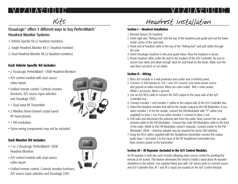 Headrest installation, Kits | Vizualogic VL9000 Installation Instructions User Manual | Page 2 / 2