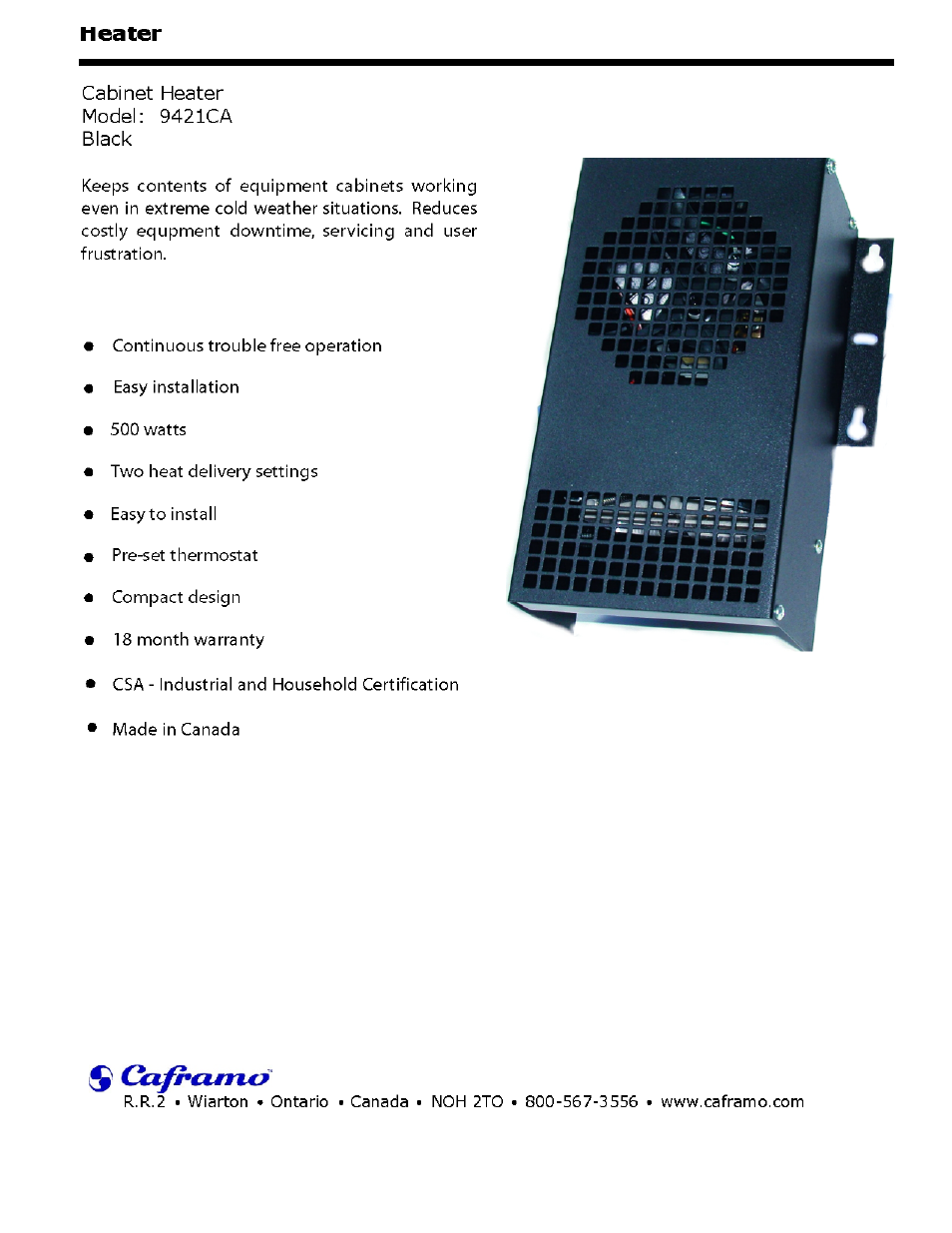 Caframo Cabinet Heater 9421CA User Manual | 2 pages