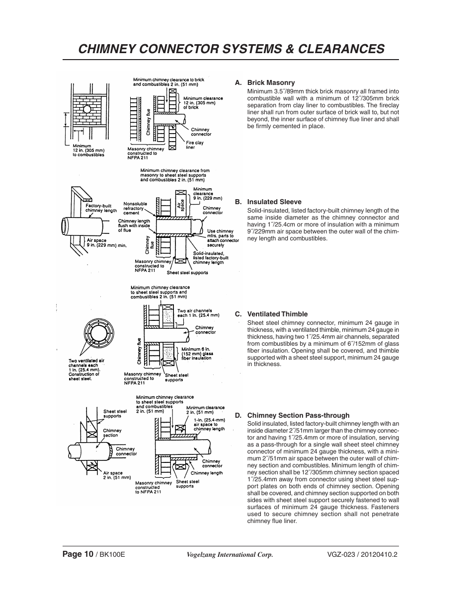Chimney connector systems & clearances | Vogelzang BK50E User Manual | Page 10 / 16