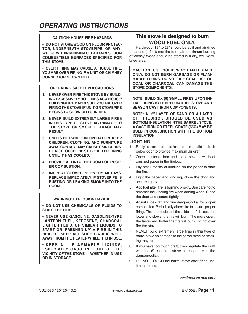 Operating instructions, This stove is designed to burn wood fuel only | Vogelzang BK50E User Manual | Page 11 / 16