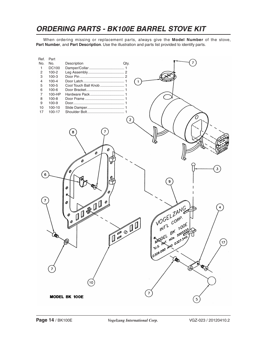 Ordering parts - bk100e barrel stove kit | Vogelzang BK50E User Manual | Page 14 / 16