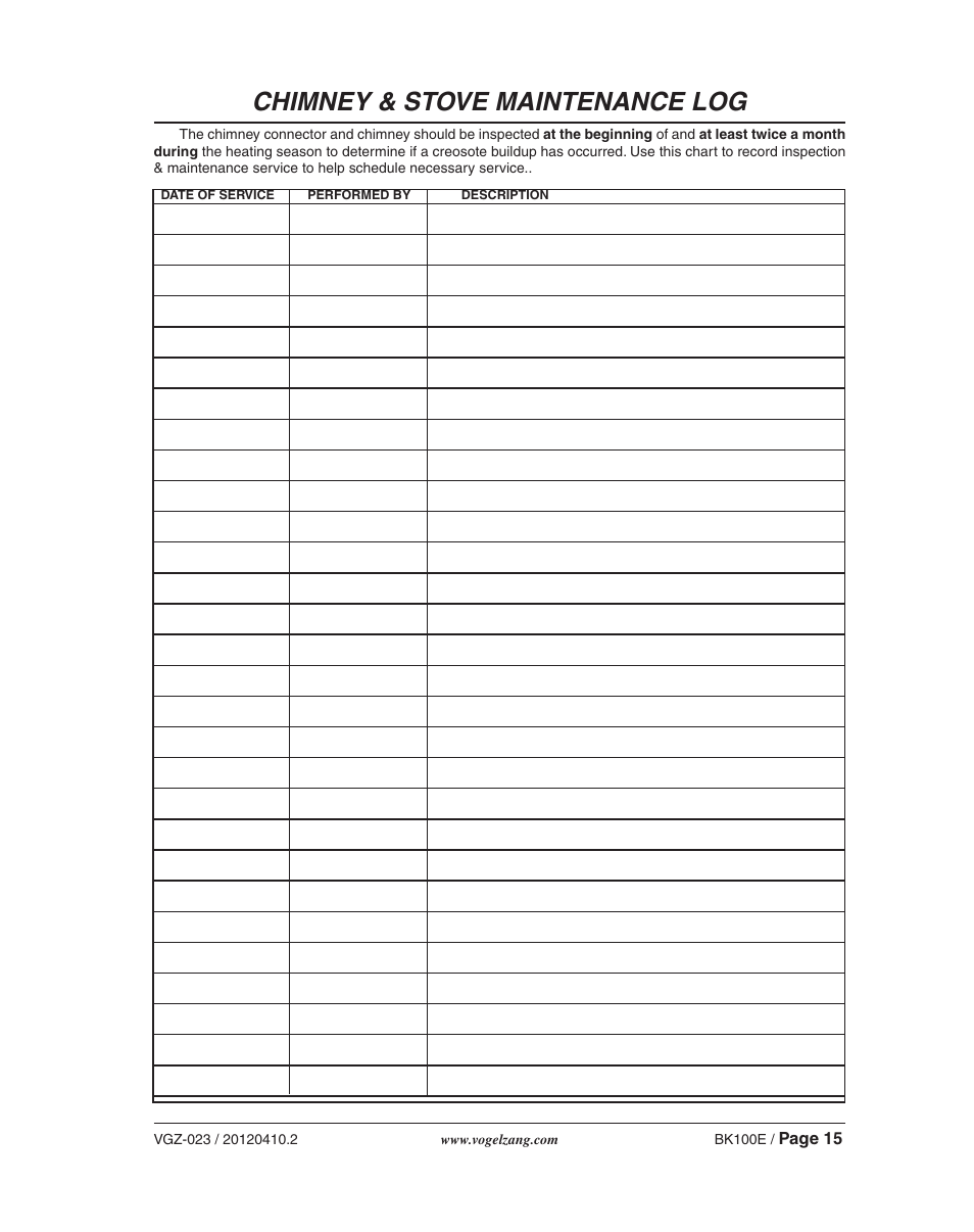 Chimney & stove maintenance log | Vogelzang BK50E User Manual | Page 15 / 16