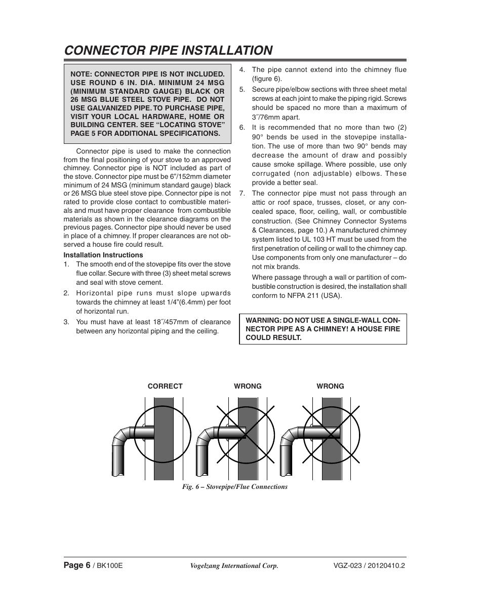 Connector pipe installation | Vogelzang BK50E User Manual | Page 6 / 16