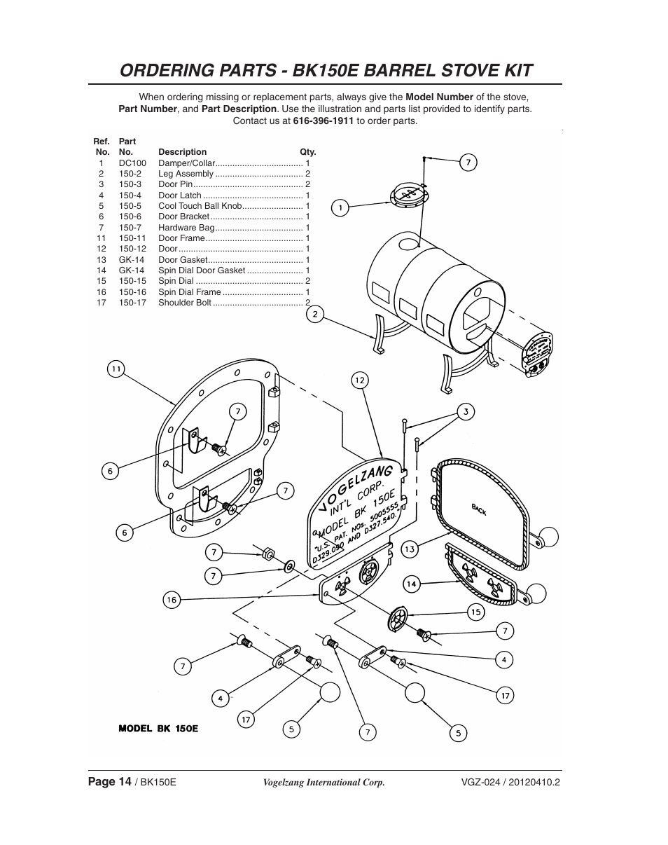 Ordering parts - bk150e barrel stove kit | Vogelzang BK150E User Manual | Page 14 / 16