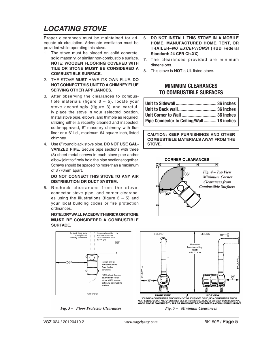 Locating stove, Minimum clearances to combustible surfaces | Vogelzang BK150E User Manual | Page 5 / 16