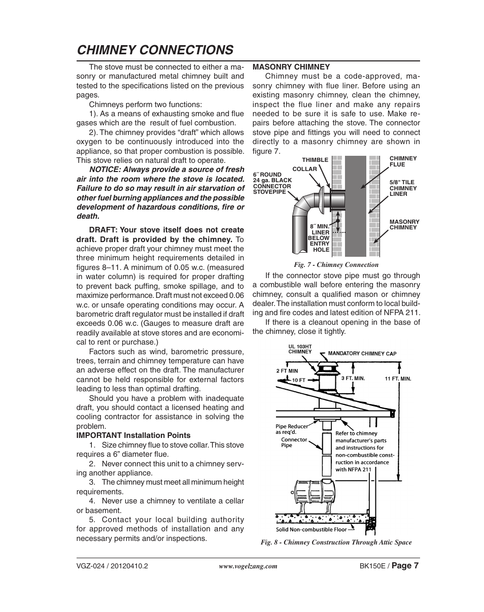 Chimney connections | Vogelzang BK150E User Manual | Page 7 / 16