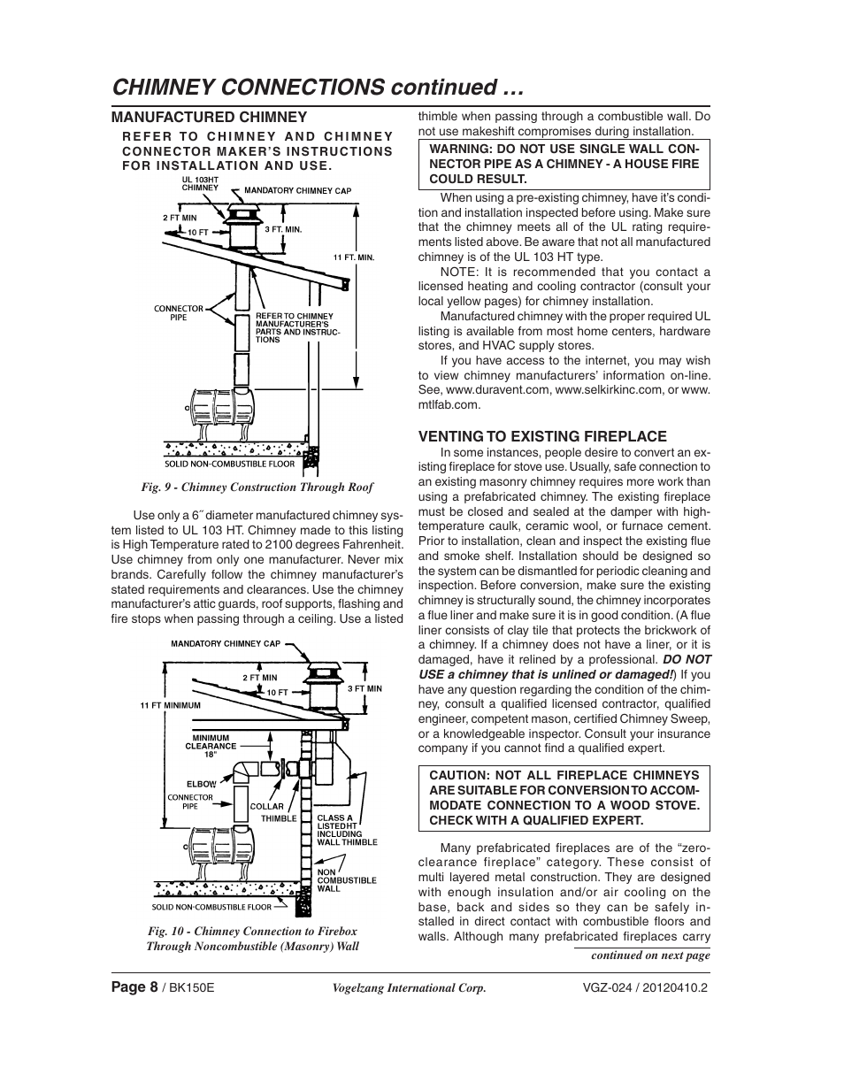Chimney connections continued | Vogelzang BK150E User Manual | Page 8 / 16