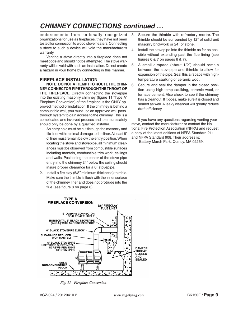 Chimney connections continued | Vogelzang BK150E User Manual | Page 9 / 16