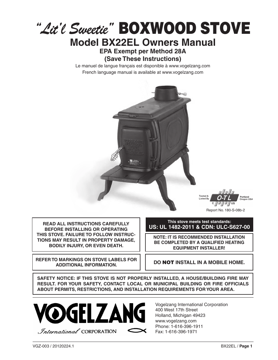 Vogelzang BX22EL User Manual | 18 pages