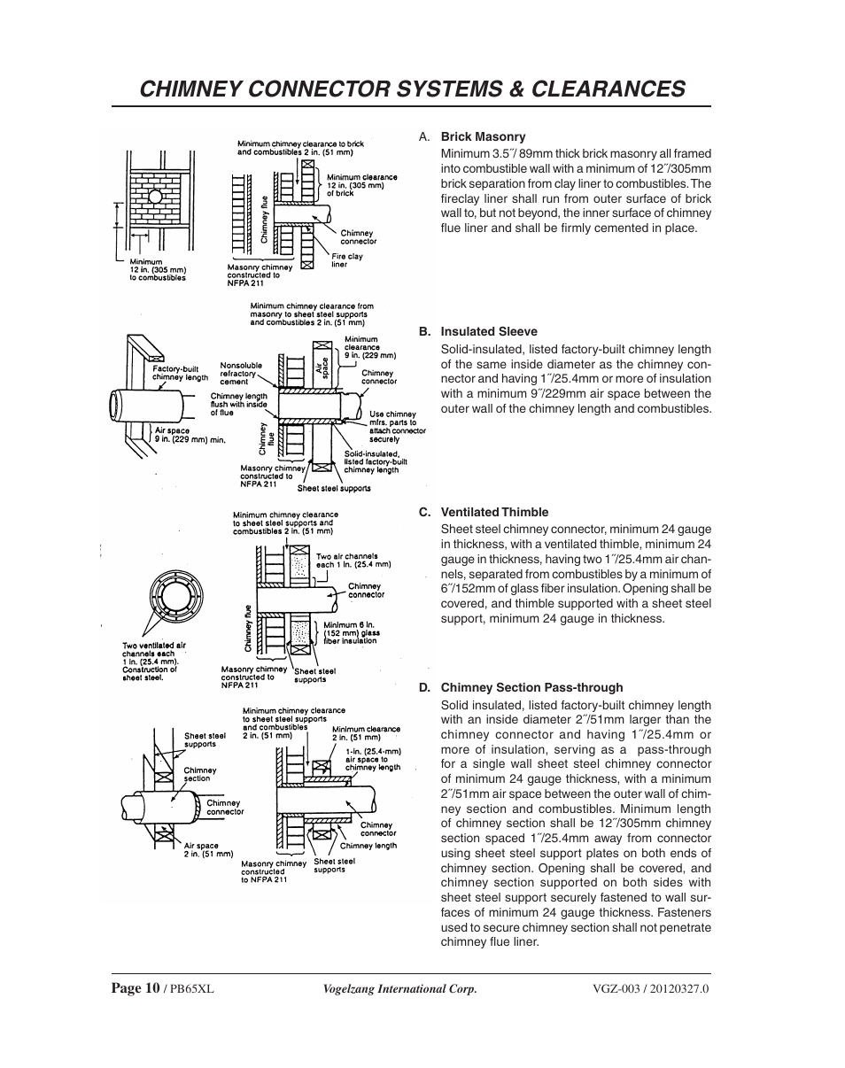 Chimney connector systems & clearances | Vogelzang PB65XL User Manual | Page 10 / 16