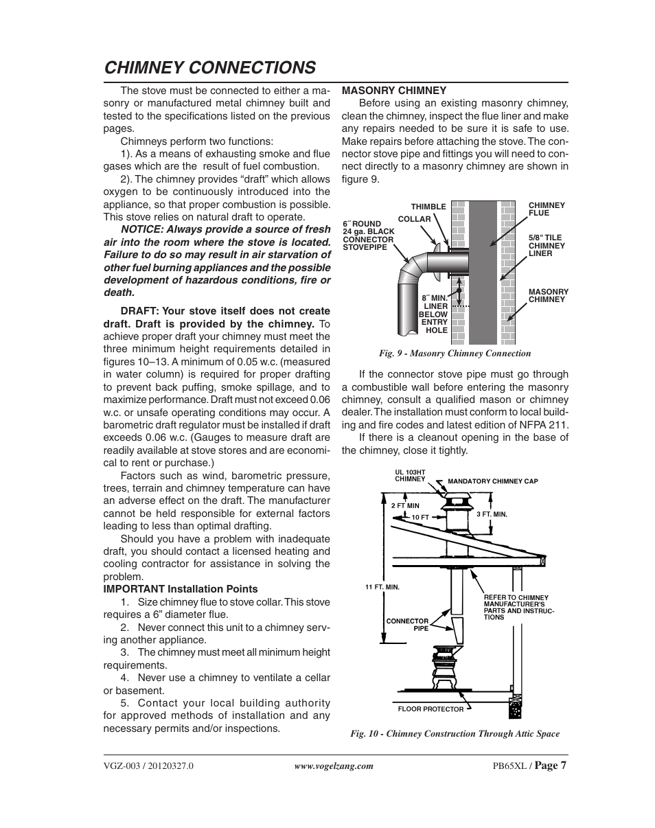 Chimney connections | Vogelzang PB65XL User Manual | Page 7 / 16