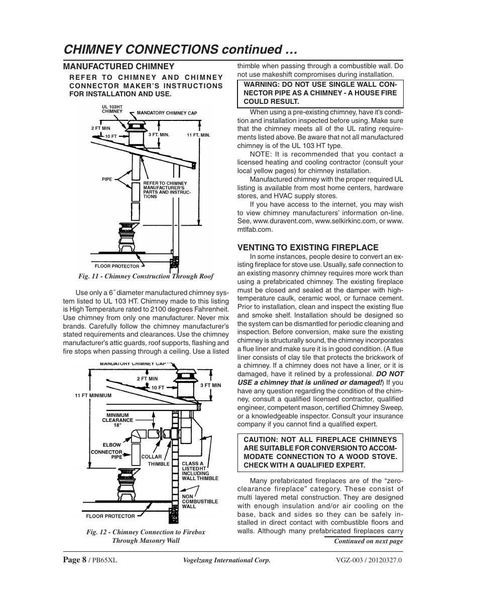 Chimney connections continued | Vogelzang PB65XL User Manual | Page 8 / 16