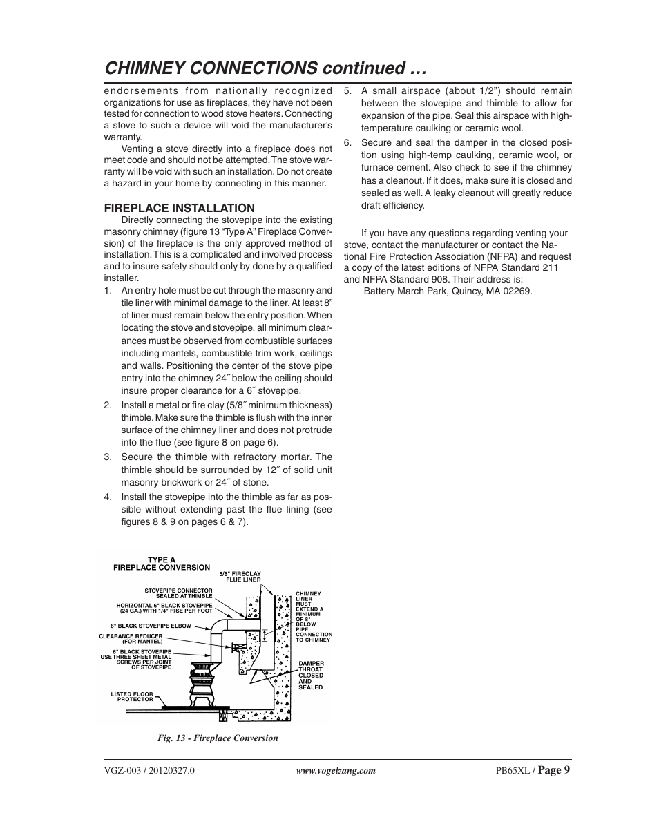 Chimney connections continued | Vogelzang PB65XL User Manual | Page 9 / 16