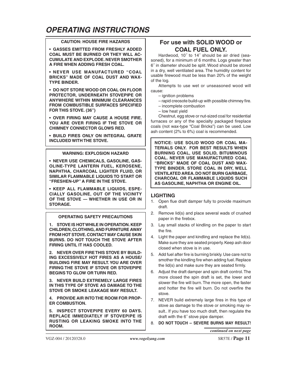 Operating instructions, For use with solid wood or coal fuel only | Vogelzang SR57E User Manual | Page 11 / 16