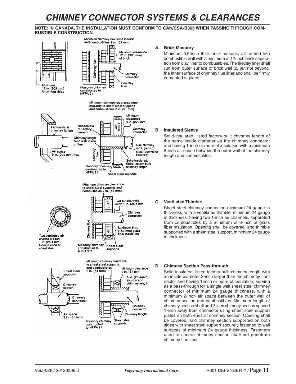 Chimney connector systems & clearances, Page 11 | Vogelzang TR001 User Manual | Page 11 / 20