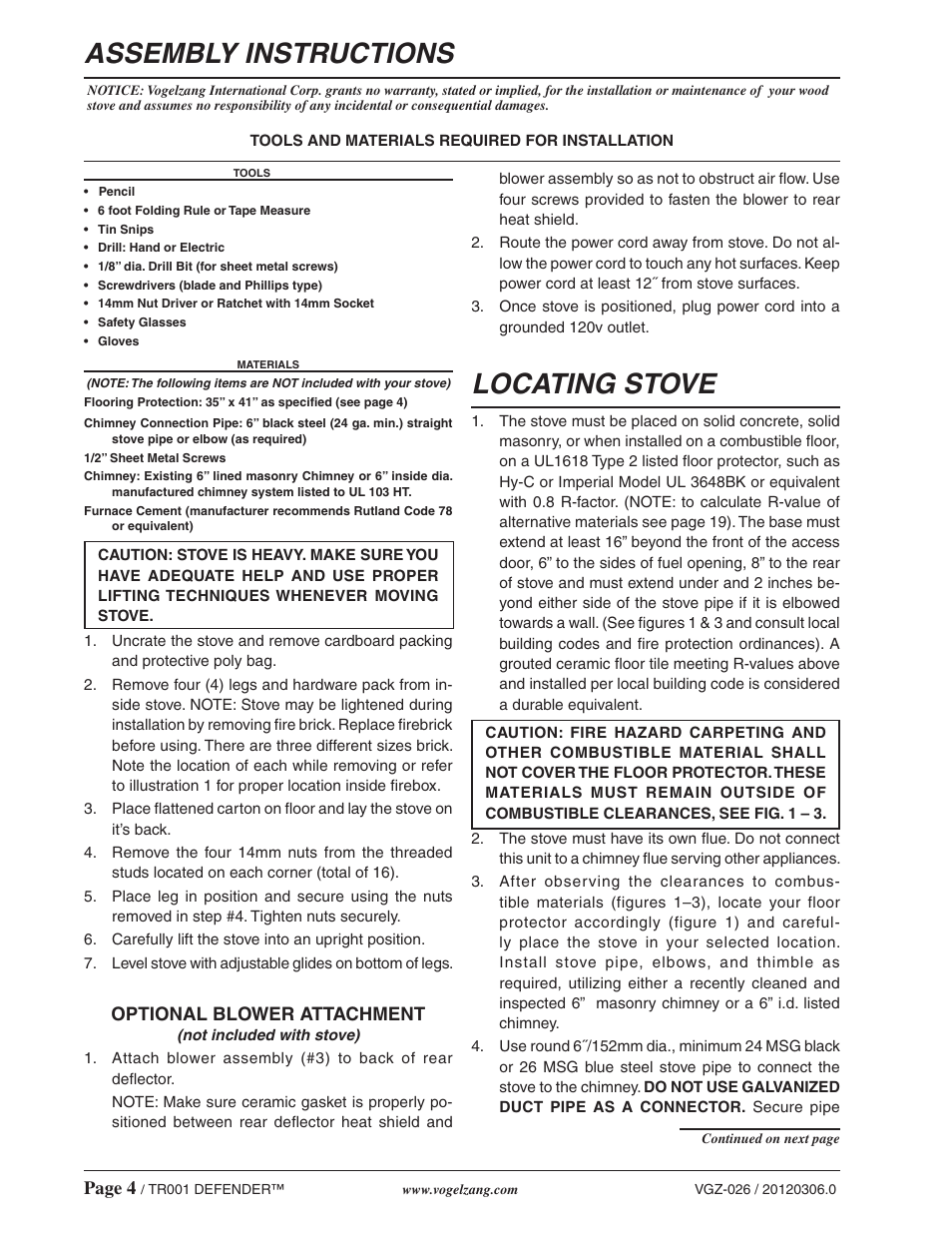 Assembly instructions, Locating stove | Vogelzang TR001 User Manual | Page 4 / 20