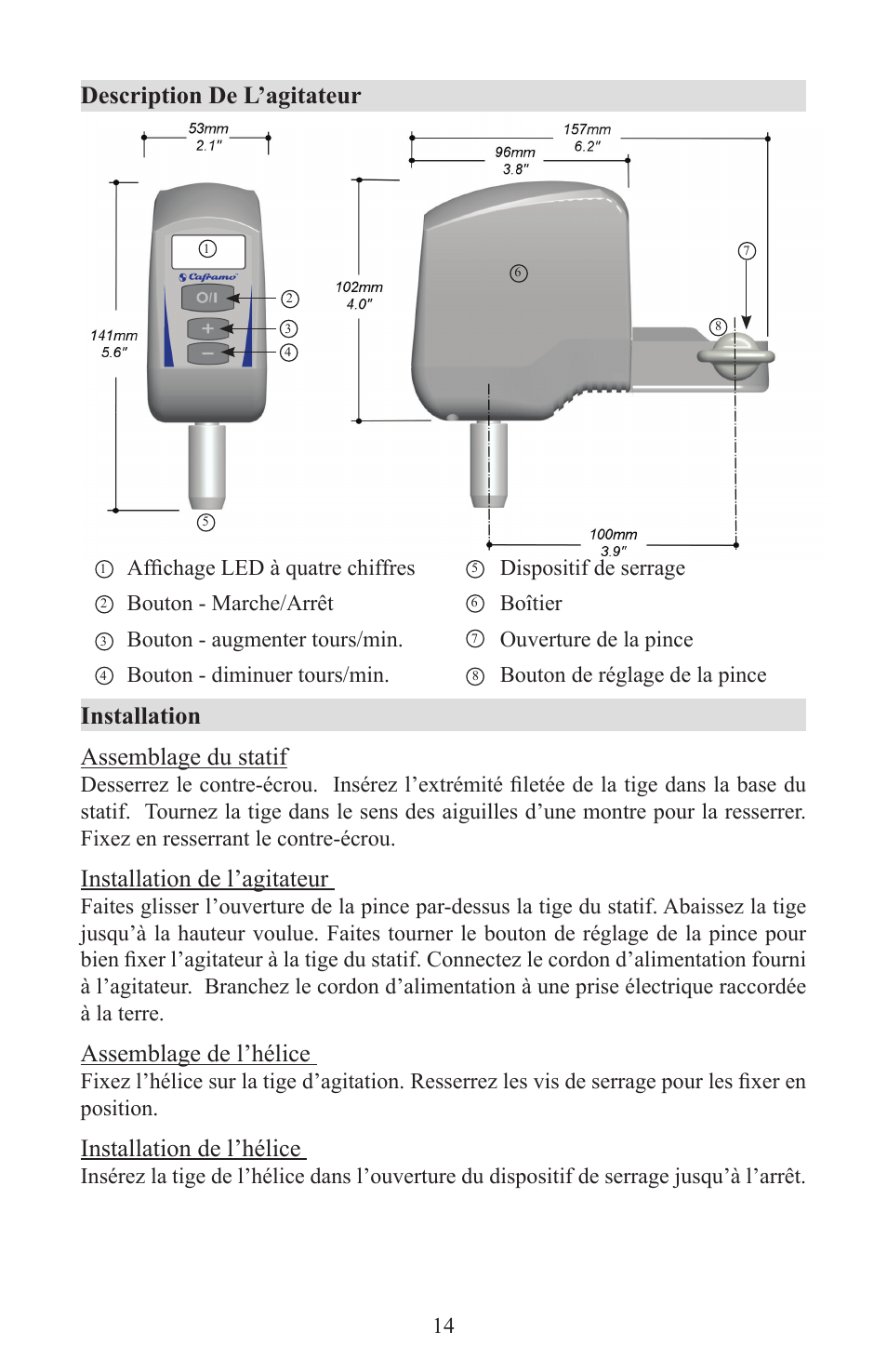 Installation assemblage du statif, Installation de l’agitateur, Assemblage de l’hélice | Installation de l’hélice, Description de l’agitateur | Caframo Petite Digital Stirrer BDC250 User Manual | Page 14 / 32