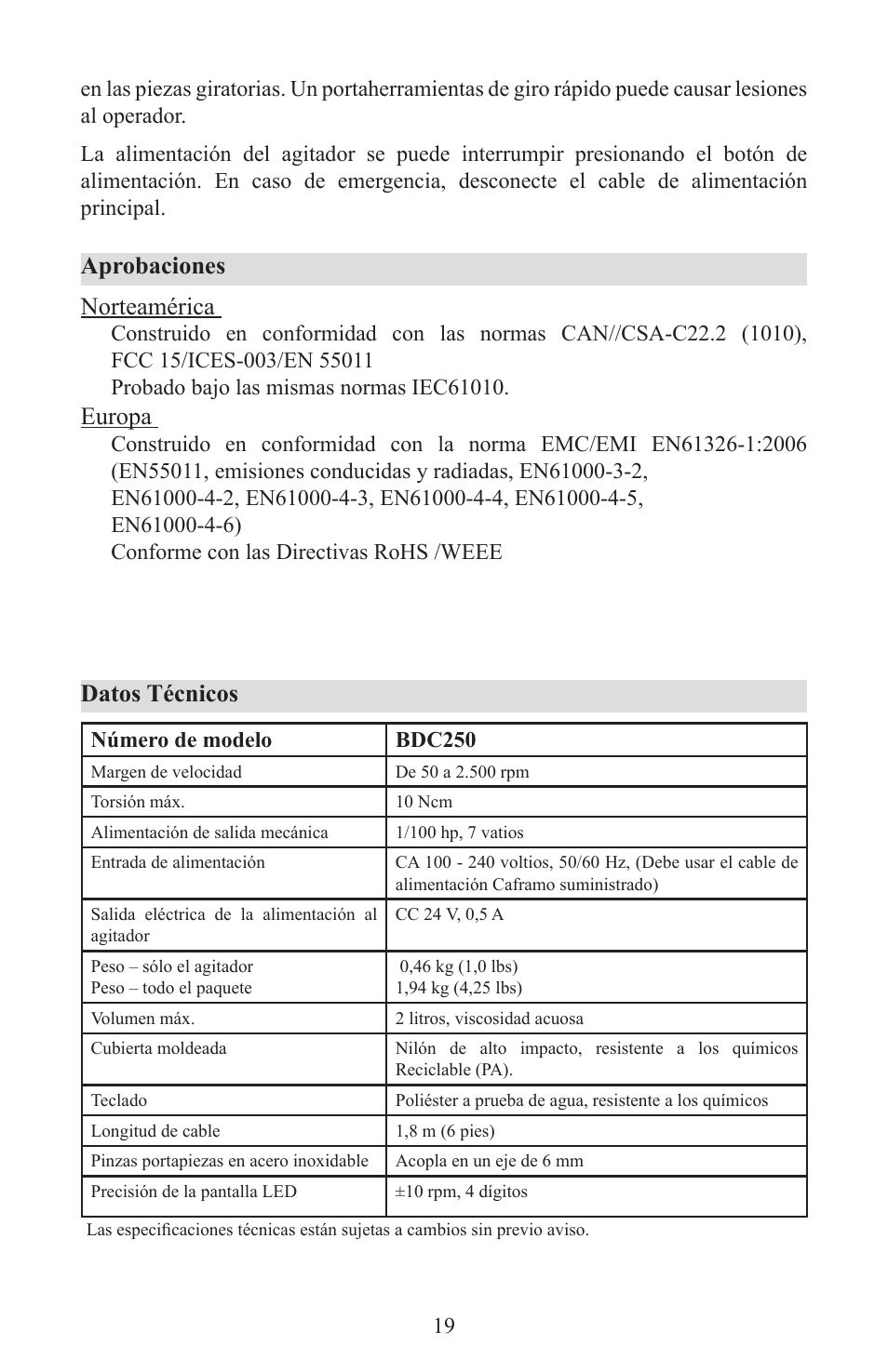 Aprobaciones norteamérica, Europa, Datos técnicos | Caframo Petite Digital Stirrer BDC250 User Manual | Page 19 / 32