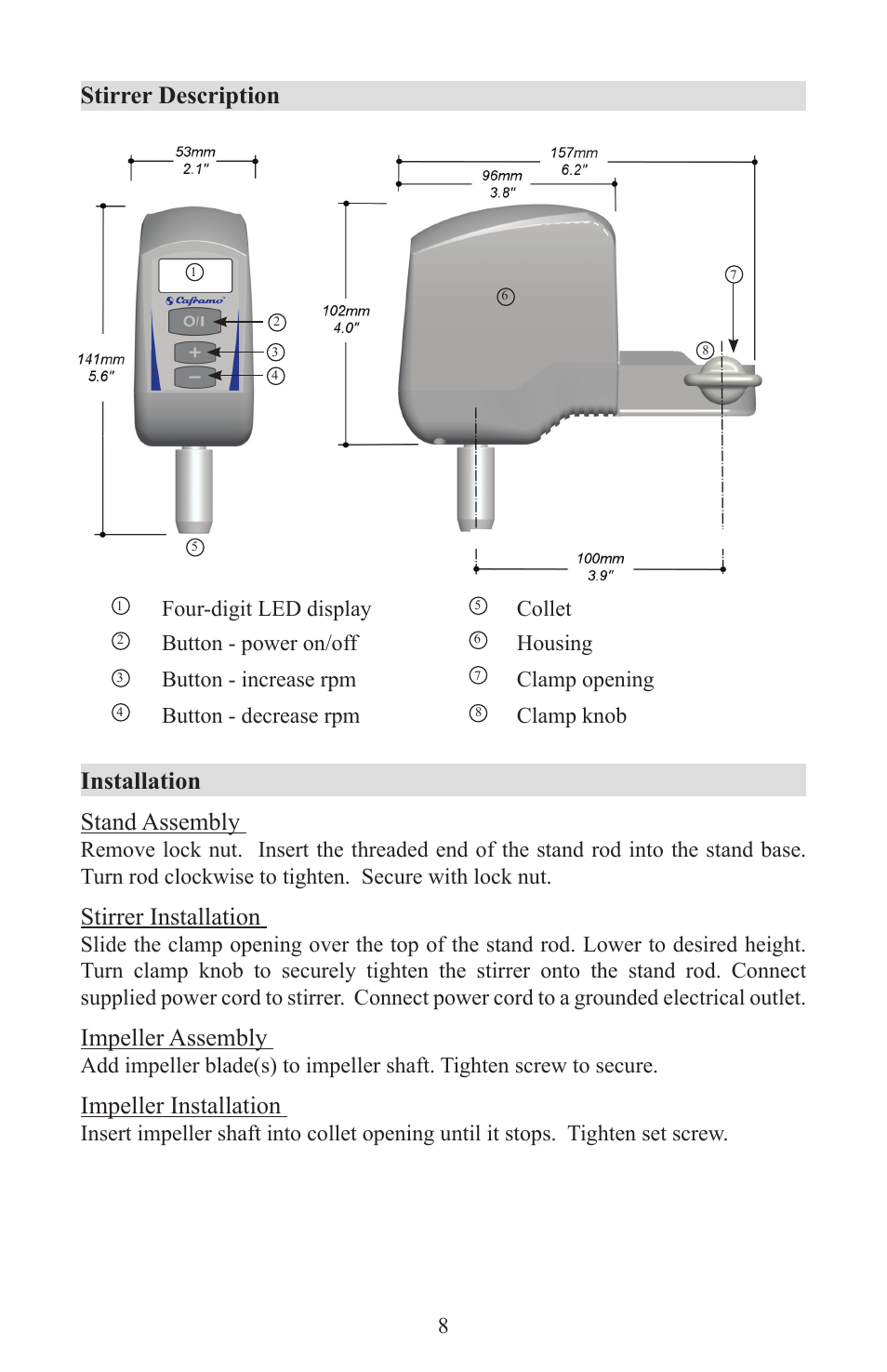 Installation stand assembly, Stirrer installation, Impeller assembly | Impeller installation, Stirrer description | Caframo Petite Digital Stirrer BDC250 User Manual | Page 8 / 32