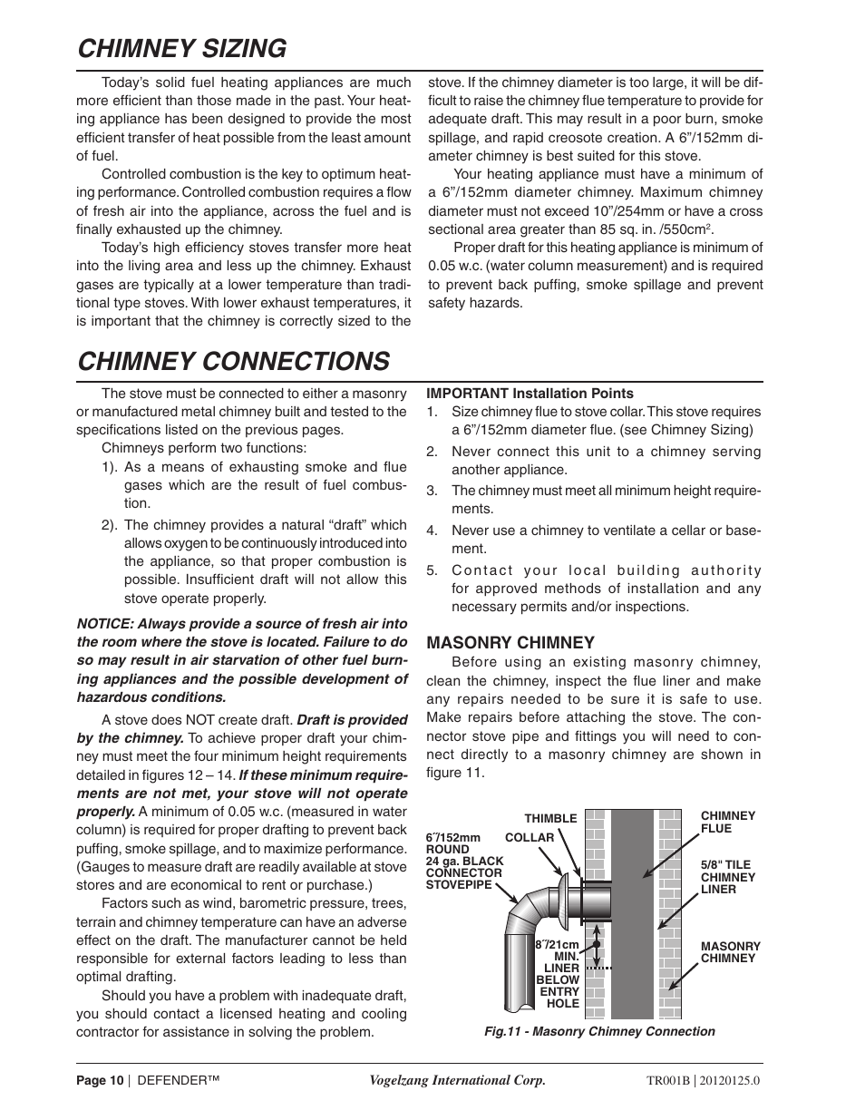 Chimney sizing, Chimney connections | Vogelzang TR001B User Manual | Page 10 / 24