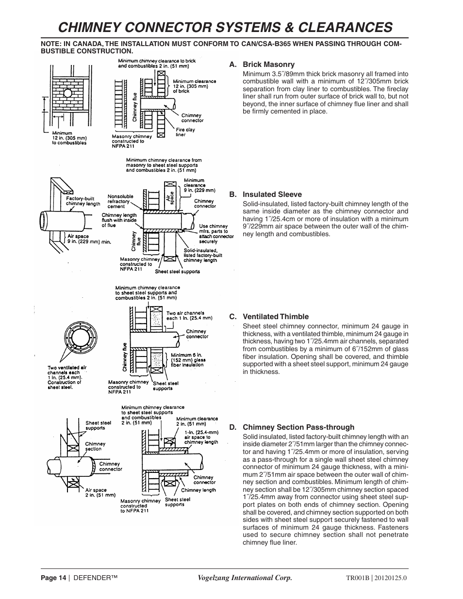 Chimney connector systems & clearances | Vogelzang TR001B User Manual | Page 14 / 24